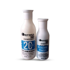 Derma Touch skin polish kit with facial blond activator volume 20 bottle and dust free bleaching powder on a white background