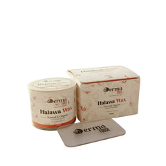 Derma Touch halawa wax 225g jar with packaging box and application spatula on a white background