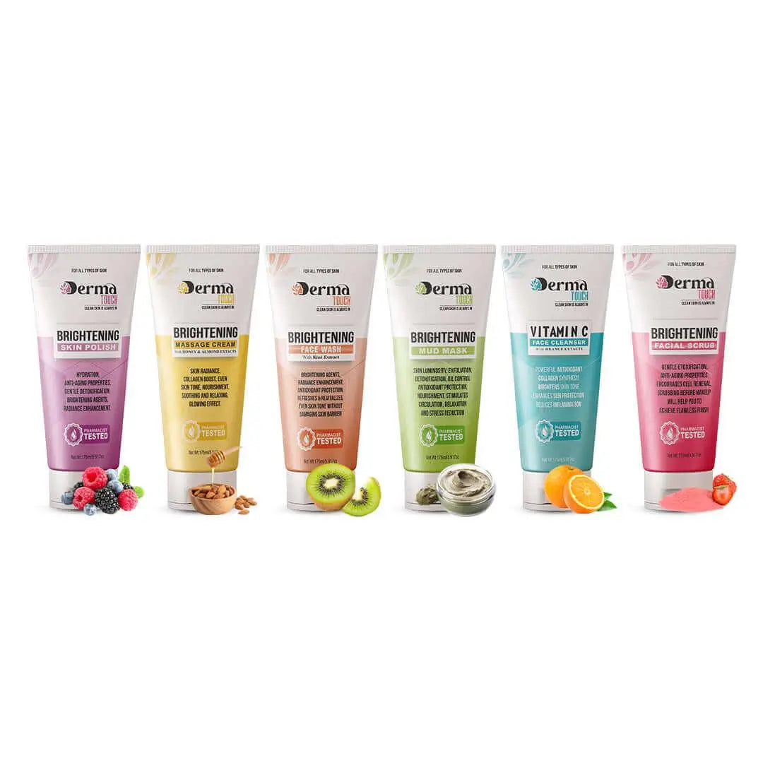 Derma Touch facial kit with six skincare tubes and fruit extracts on a white background