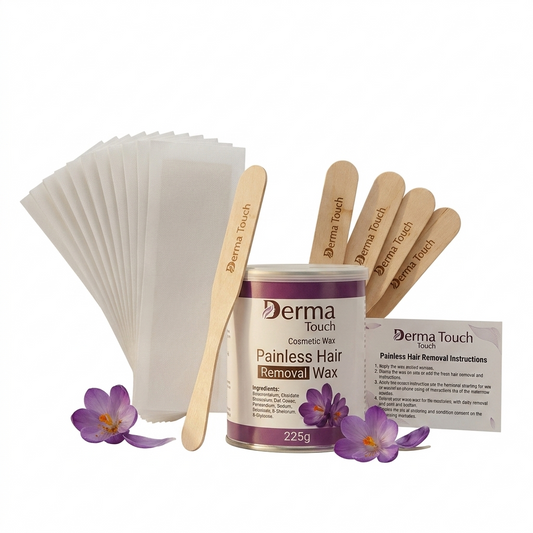 Derma Touch Painless Hair Removal Wax Kit with wooden spatulas and waxing strips for sensitive skin