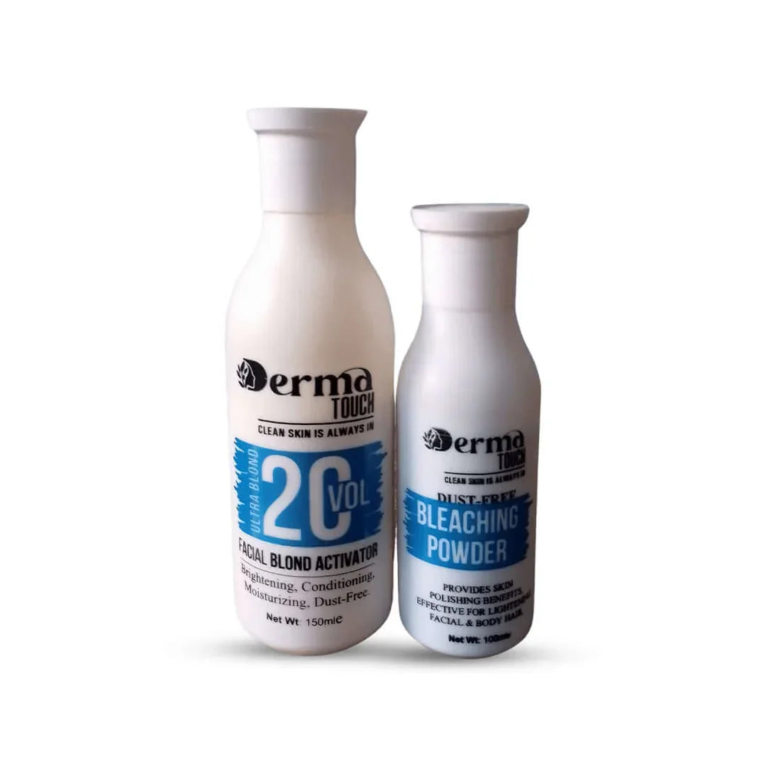 Derma Touch skin polish kit with facial blond activator volume 20 bottle and dust free bleaching powder on a white background
