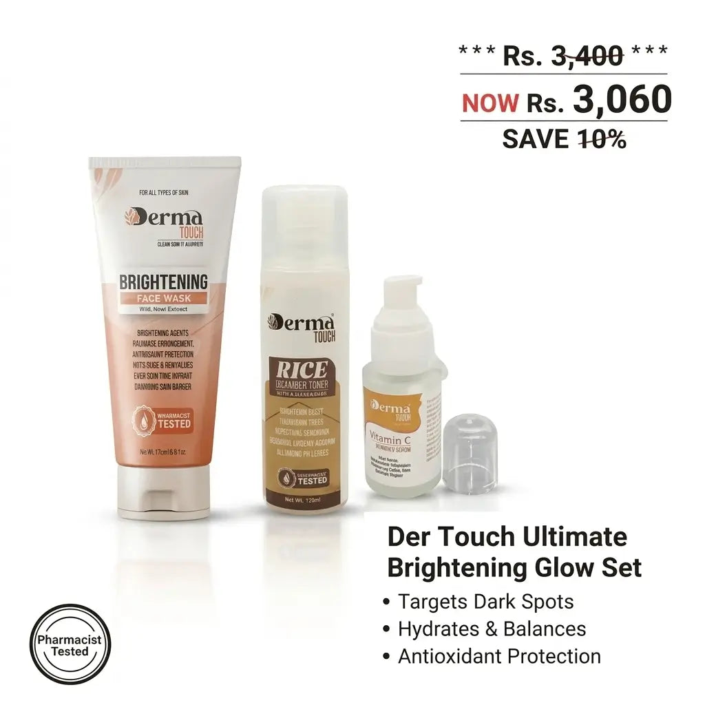 Derma Touch ultimate brightening glow set with brightening face wash rice cucumber toner and vitamin c serum on a white background

