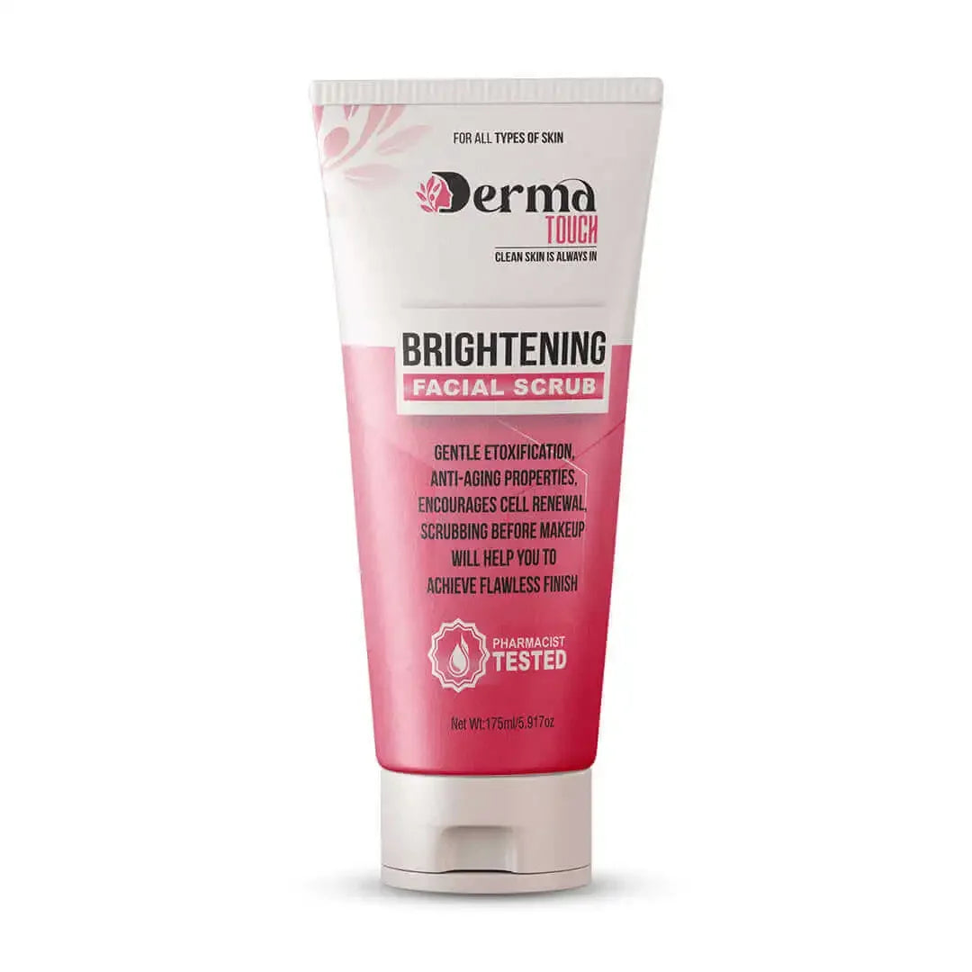 Derma Touch facial scrub 175ml tube with cell renewal and gentle exfoliation features on a white background
