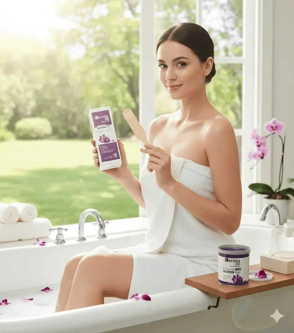 Derma Touch Painless Hair Removal Wax Kit With Model In Bathroom Showing Product Packaging And Waxing Spatula