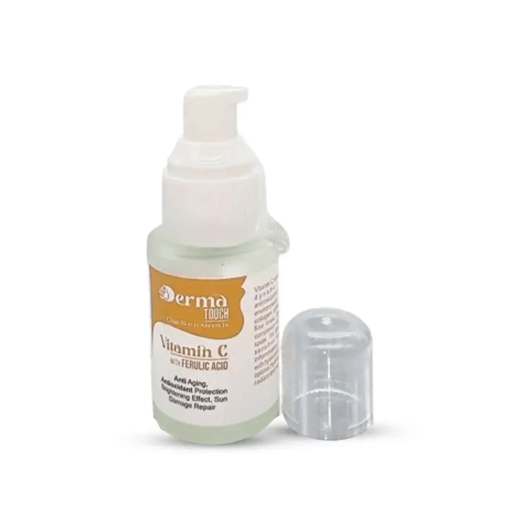 Derma Touch vitamin c face serum 30ml pump bottle with ferulic acid on a white background
